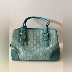 Fossil - Canvas Sky Blue Shoulder Handbag, Leather Trim